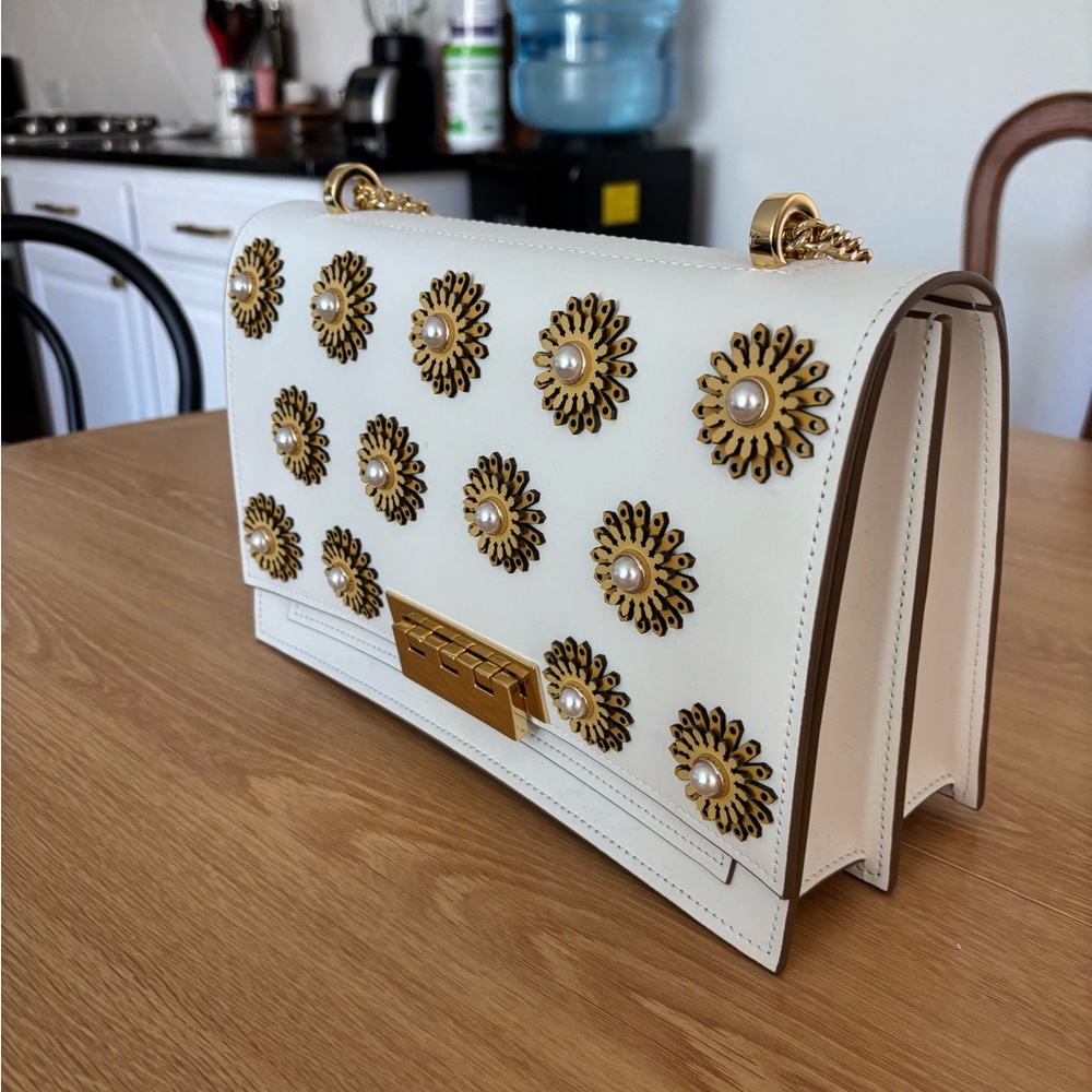 Zac Posen White Leather Shoulder Bag with Gold Floral Studs and Pearl Centers - Picture 2 of 11